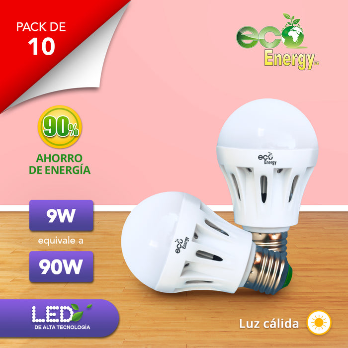 Pack de 10 Focos LED 9w equivalente a 90w | Luz cálida