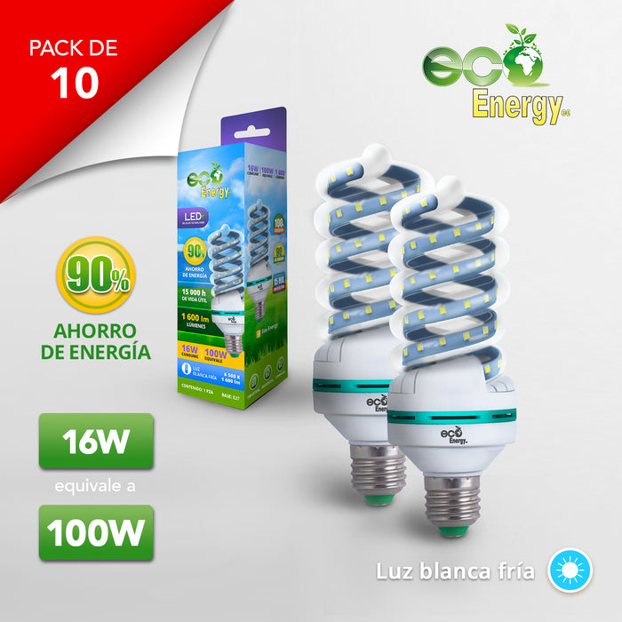 Pack de 10 Focos Espiral LED 16w| Luz blanca fría