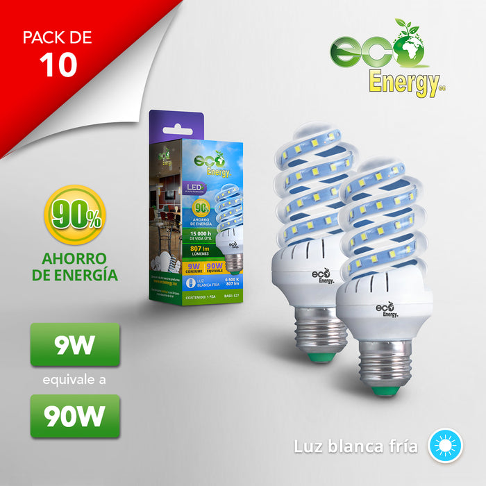 Pack de 10 Focos Espiral LED 9w | Luz blanca fría