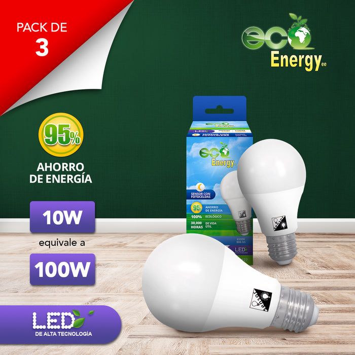 Pack de 3 Focos de Sensor con Fotoceldas 10w equivalente a 100w | Luz blanca fría