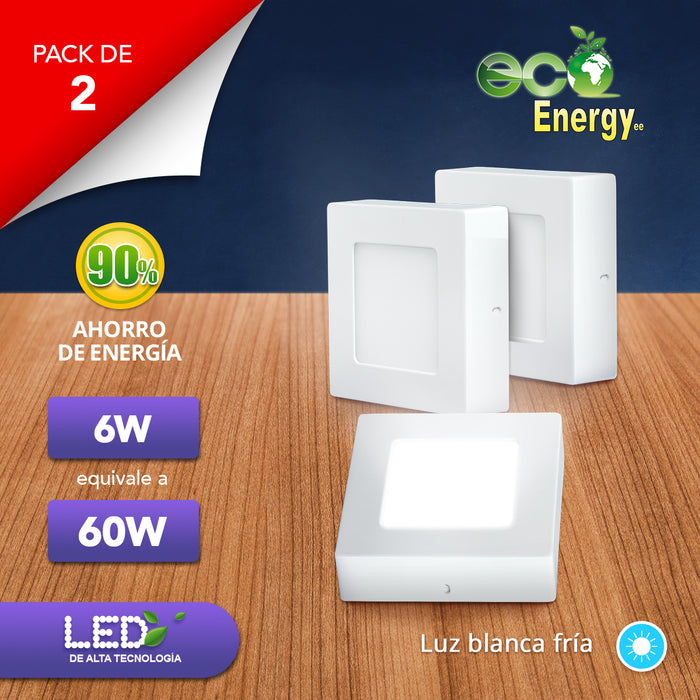 Pack de 2 Lámparas LED de Sobreponer 6w equivalente a 60w | Cuadrado