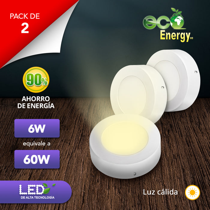 Pack de 2 Lámparas LED de Sobreponer 6w equivalente a 60w | Redonda