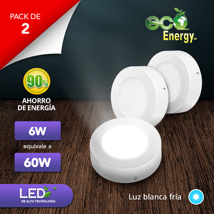 Pack de 2 Lámparas LED de Sobreponer 6w equivalente a 60w | Redonda